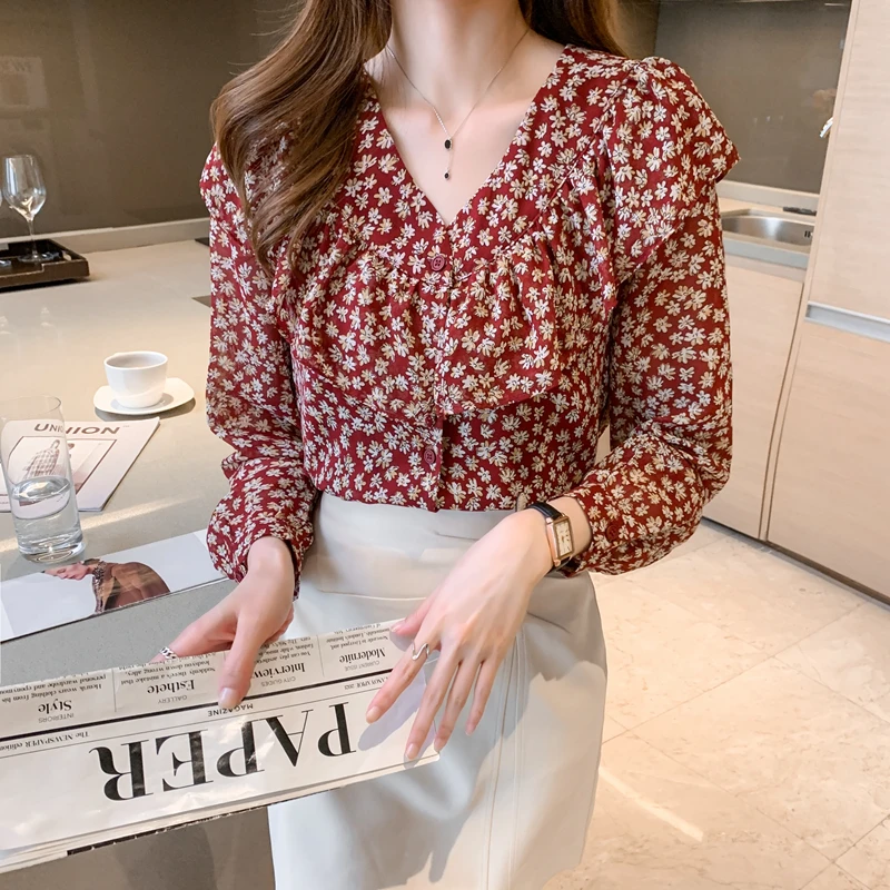 Women Clothing Vintage V-neck Long Sleeve Tops Autumn Fashion Easy Matching Office Lady Blouse Loose Casual Chiffon Shirts