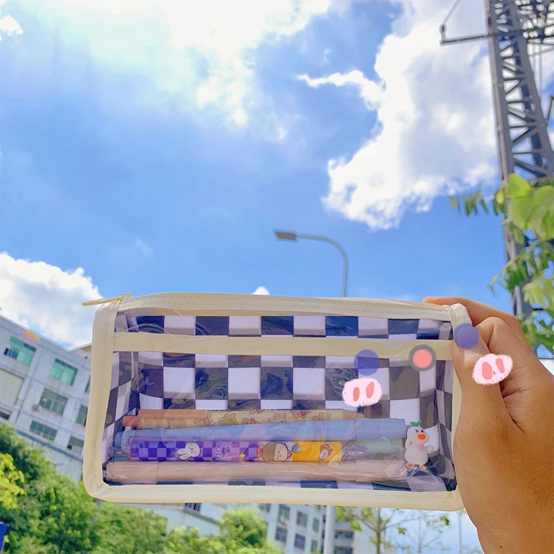 Transparent Pencil Case Pen Bag Pencil Case Black and White Texture Chess Chessboard Pencil Pouch Students Staionary Gifts