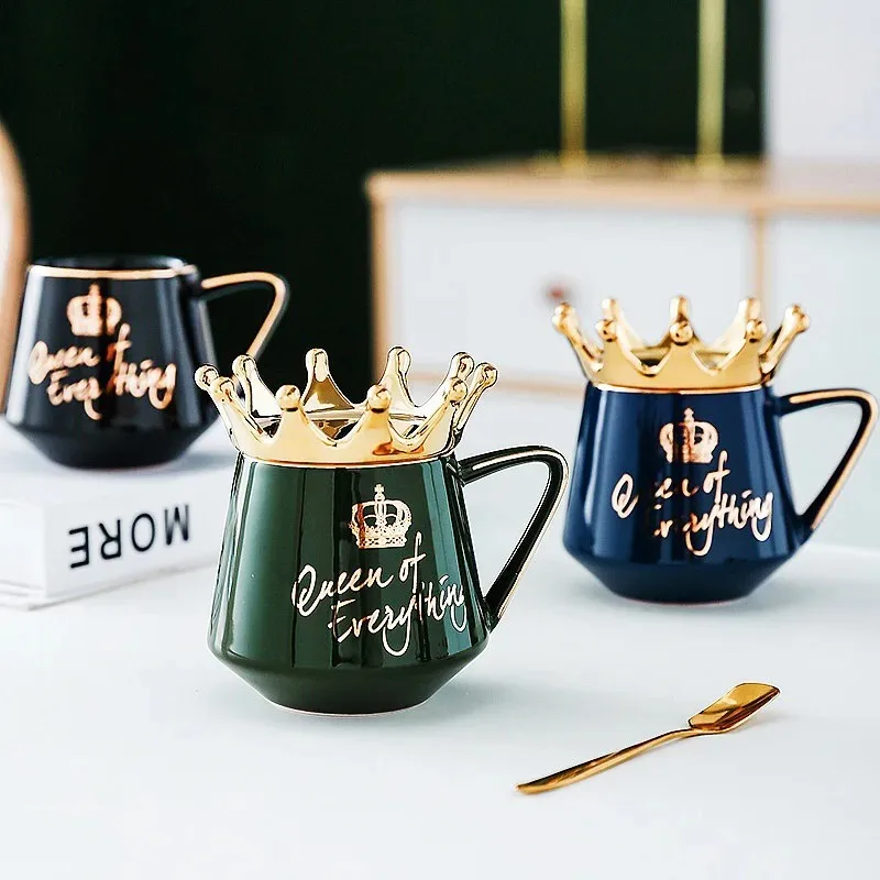 Crown Ceramic Coffee Cup Fine Couple Mug with Lid Simple Afternoon Tea Coffee Cup Breakfast Milk Coffee Mug Birthday Gift 400ml