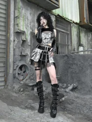 Blood Supply Original Punk PU Lace Pleated Goth Mini Skirt Pants 2023 Hot Girls Y2k Black Empire Short Skirts with Belt