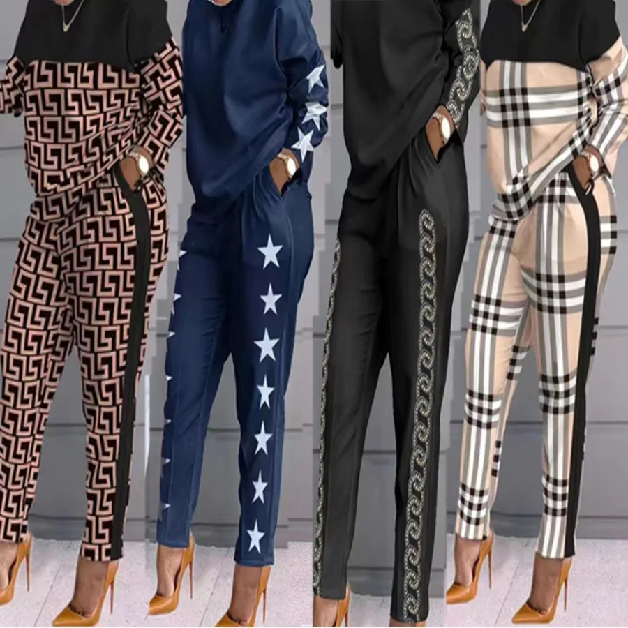 HOT-  European and American fashion women's clothing contrasting color plaid splicing casual long-sleeved two-piece suit