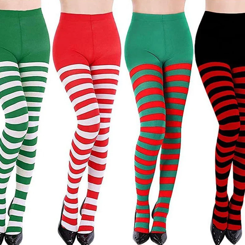 〔CC〕|Christmas Stockings Red Green Striped Pantyhose Stretch Leggings Party Costume Y2K Knit Knee-high Long Tights Socks