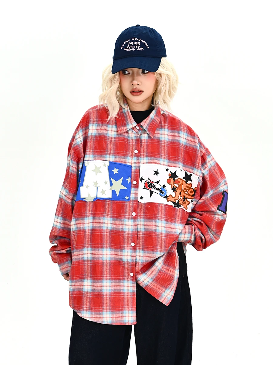 

Loose Plaid Long Sleeve Shirt Women's Spring New Style American College Style Versatile Top Not Easy to Deform Student Suitable