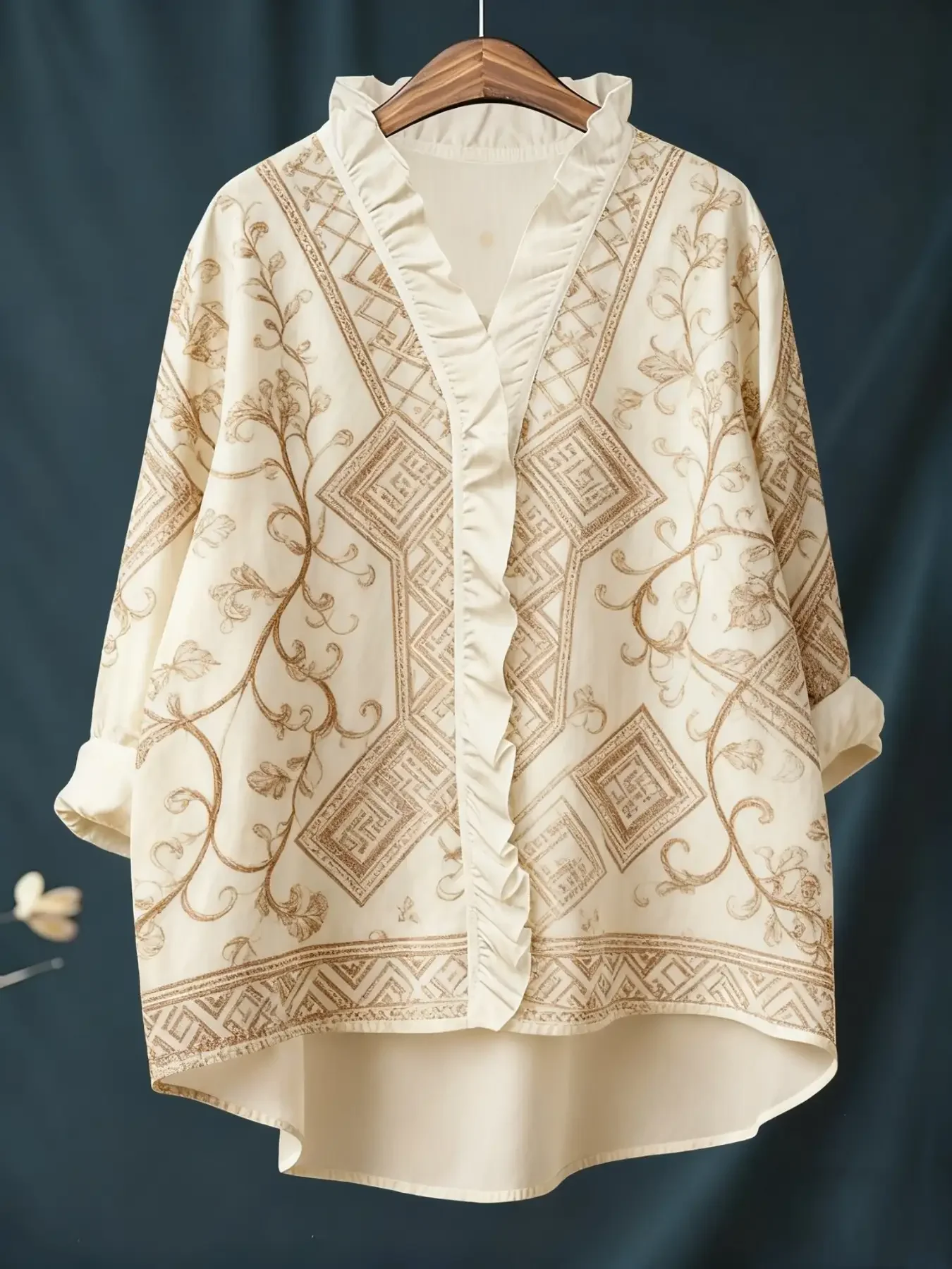 New women's printed long sleeved shirt with ruffled neckline, It's an elegant, atmospheric, and comfortable plus size top