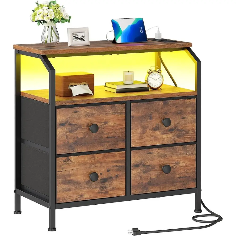 

Прикроватная тумба в деревенском стиле, коричнево-черная, с зарядной станцией, светодиодной подсветкой, 4 ящиками и 2 открытыми полками для спальни