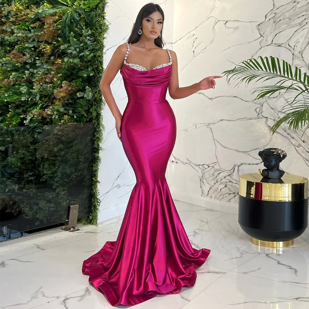 Fuchsia Mermaid Prom Dresses Luxury Beaded Sweetheart Spaghetti Straps Evening Party Gown For Women 2024 فساتين للحفلات الراقصة