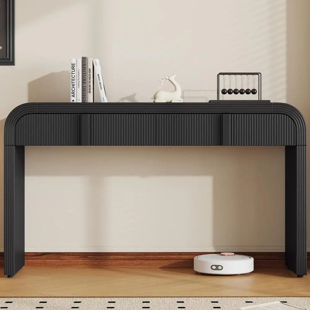 

55 Black Curved Entryway Sofa Table with Storage for Living Room or Hallway