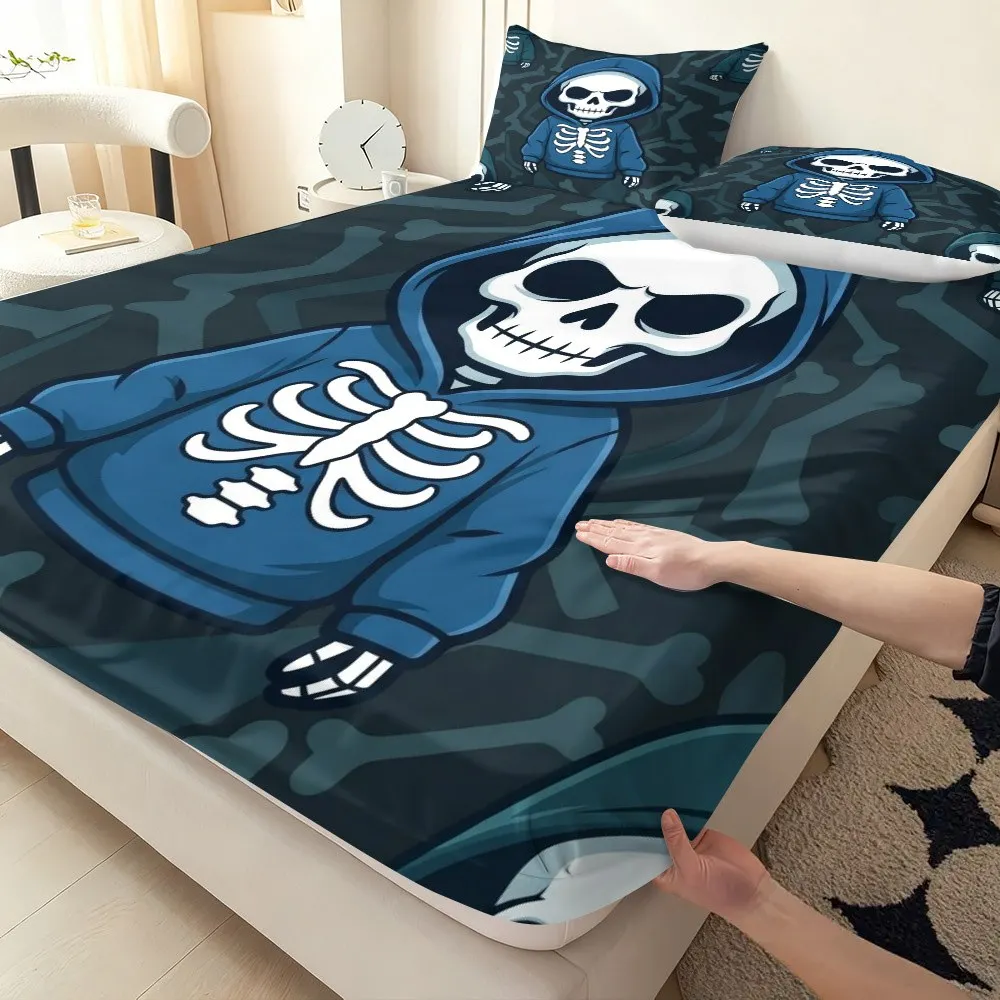 Skull Hoodie Bedding Set Bed Sheets Full Set Mattress Protector Breathable Polyester Material (Includes 1 Fitted Sheet + 2 Pillowcases) Mattress Protector Fitted Elastic Style Protective Cover Mattress Protector, Fitted Bedding Set Christmas Themed Bedding Baby Bedding Suitable for Nursery Room