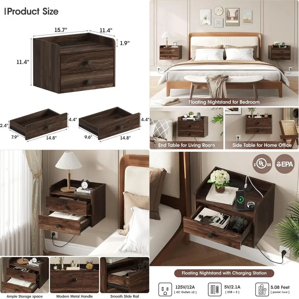 Modern Wall-Mounted Nightstand Duo with Storage Drawers and Charging Station for Bedrooms, Small Spaces - Brown Walnut