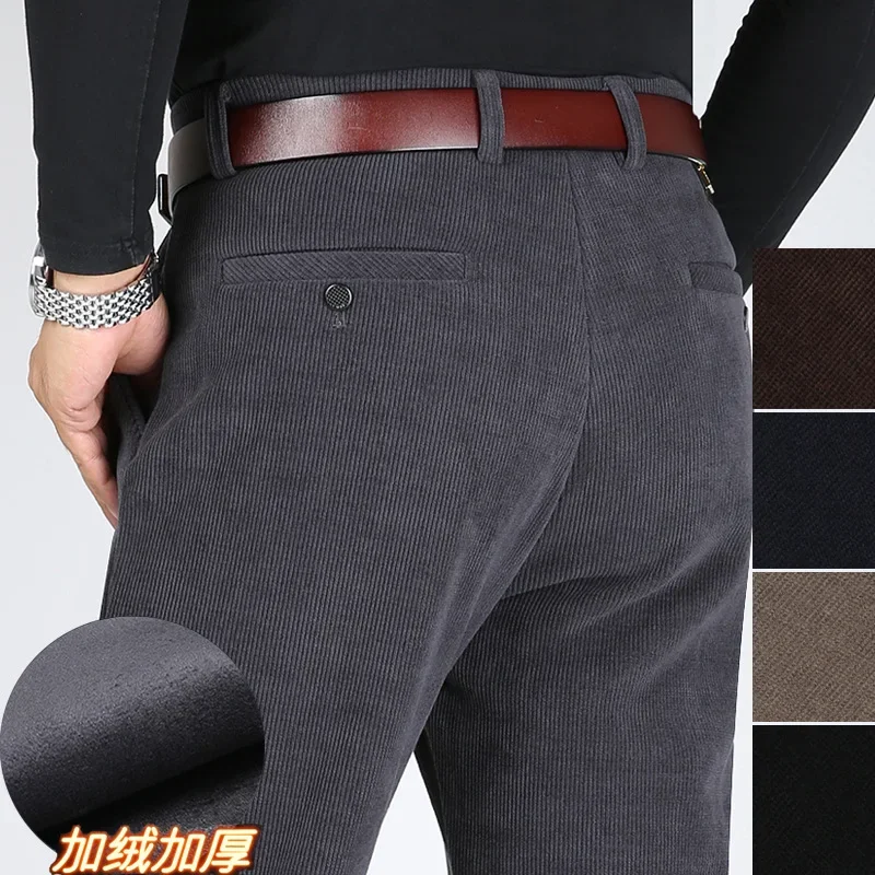 

new arrival Winter Casual Thick Velvet, High Waist Middle-aged Men's 100%Cotton Business Straight Leg Long Pants plus size 29-40