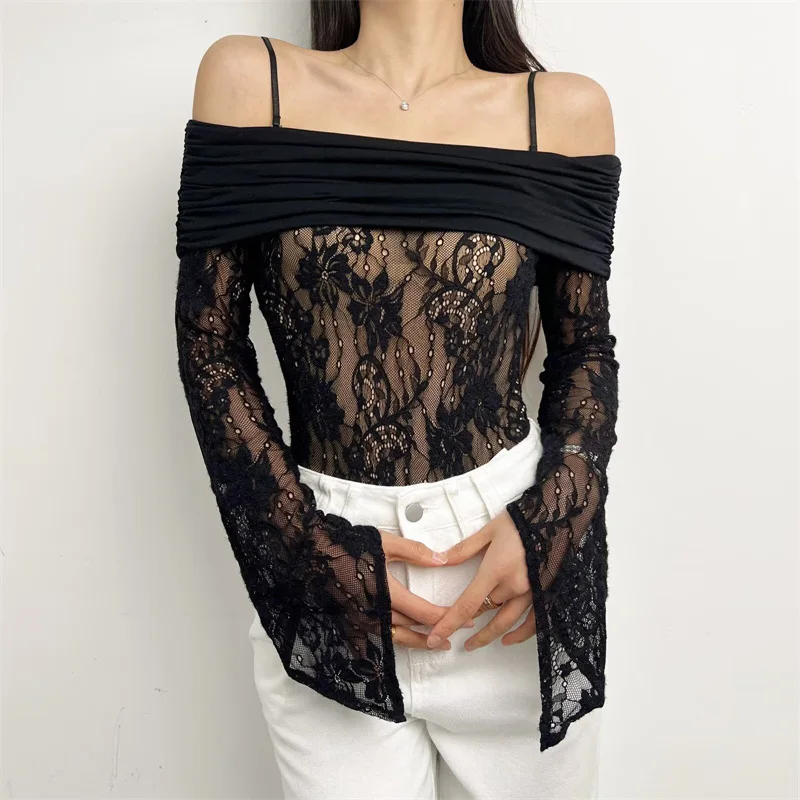 

Off-shoulder Long-sleeve T-shirt With Lace Sexy Jumpsuit For Women Black Lace Off Shoulder Top With Floral Mesh Sleeves BCDF