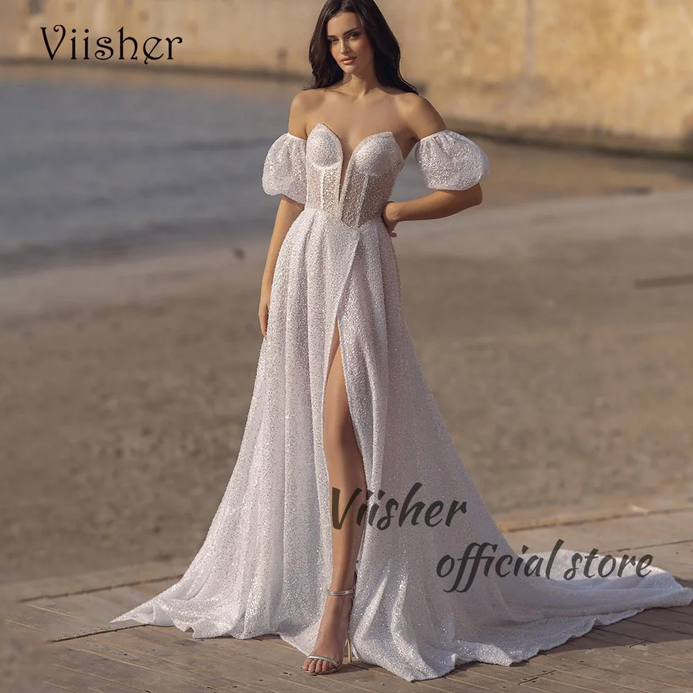 

Viisher Sparkly Sequins Boho Wedding Dresses Sexy Sweetheart High Split Beach Bridal Gowns Customized Long Wedding Bride Dress