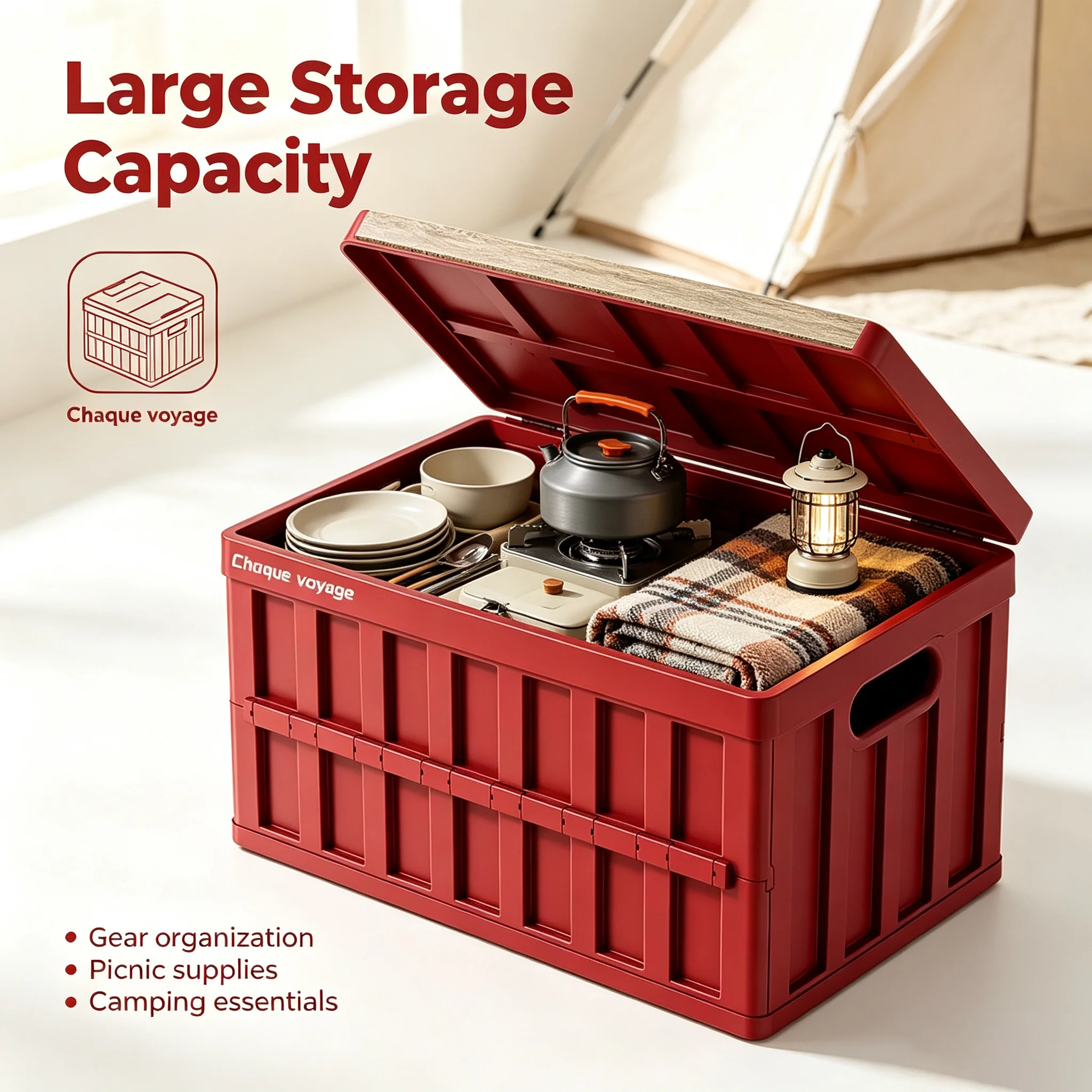 Outdoor Storage Box Folding With Wooden Lid for Camping Picnic Large Capacity Dust‑proof