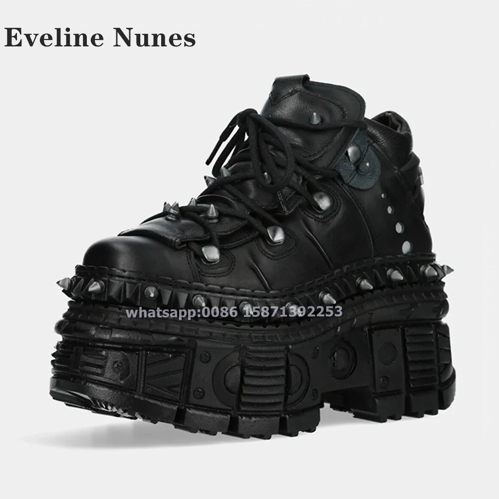 Platform Rivet Lace Up Punk Pumps Round Toe Height Increasing Heavy Metal Cool Dark Motorcycle Boots Black Couple Sneakers 2024