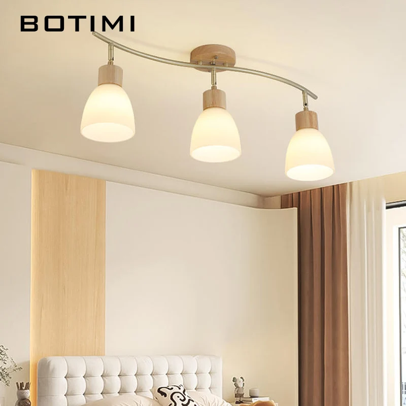 BOTIMI Adjustable Golden Metal Wave Shaped Wooden Ceiling Lights For Corridor Solid Wood Surface Mounted Dressing Room Lightings