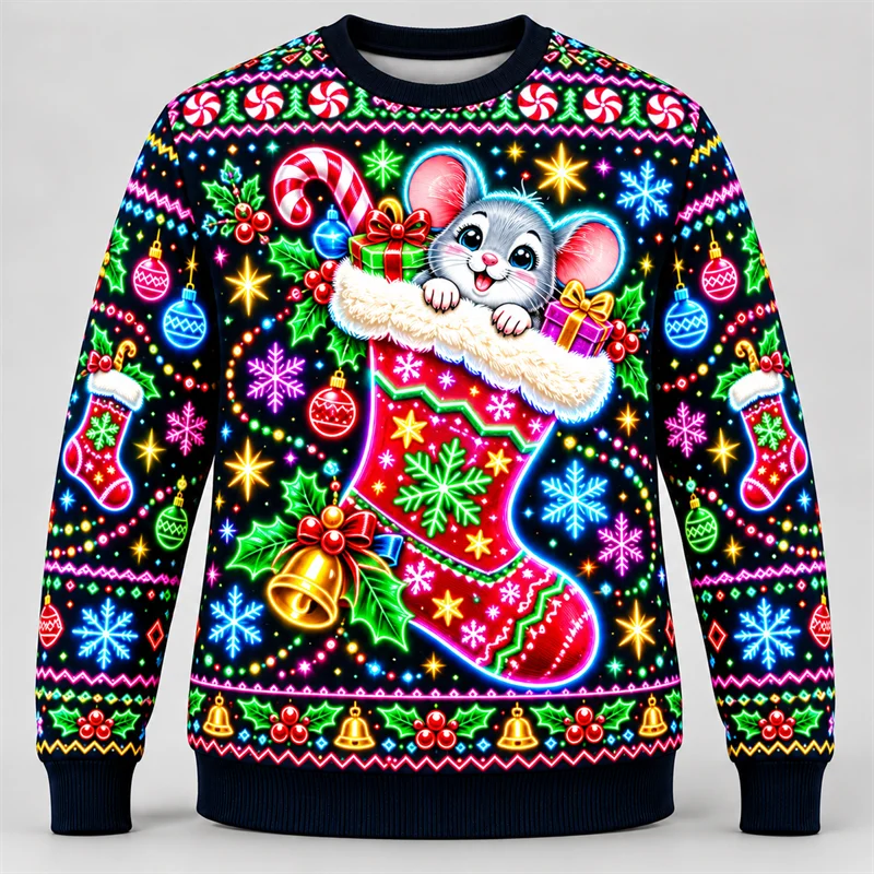 Jingle Bells Neon Ugly Christmas Sweatshirt Men Mouse Stocking Nutcracker Clock Tower Print Crewneck Long Sleeve Party Pullover