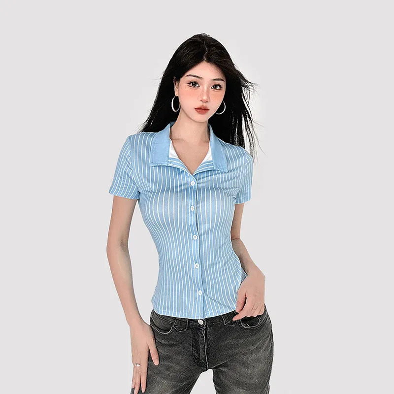 

2025 Fashion Striped Women's Short Sleeve Shirt Casual Button Collar Women's Shirt
