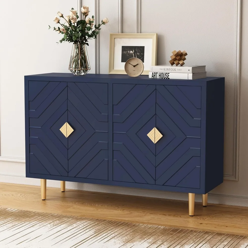 

48 Accent Cabinet with 4 Doors and Shelves, Modern Sideboard Buffet Cabinet with Decorative Embossed Pattern Doors, Credenza