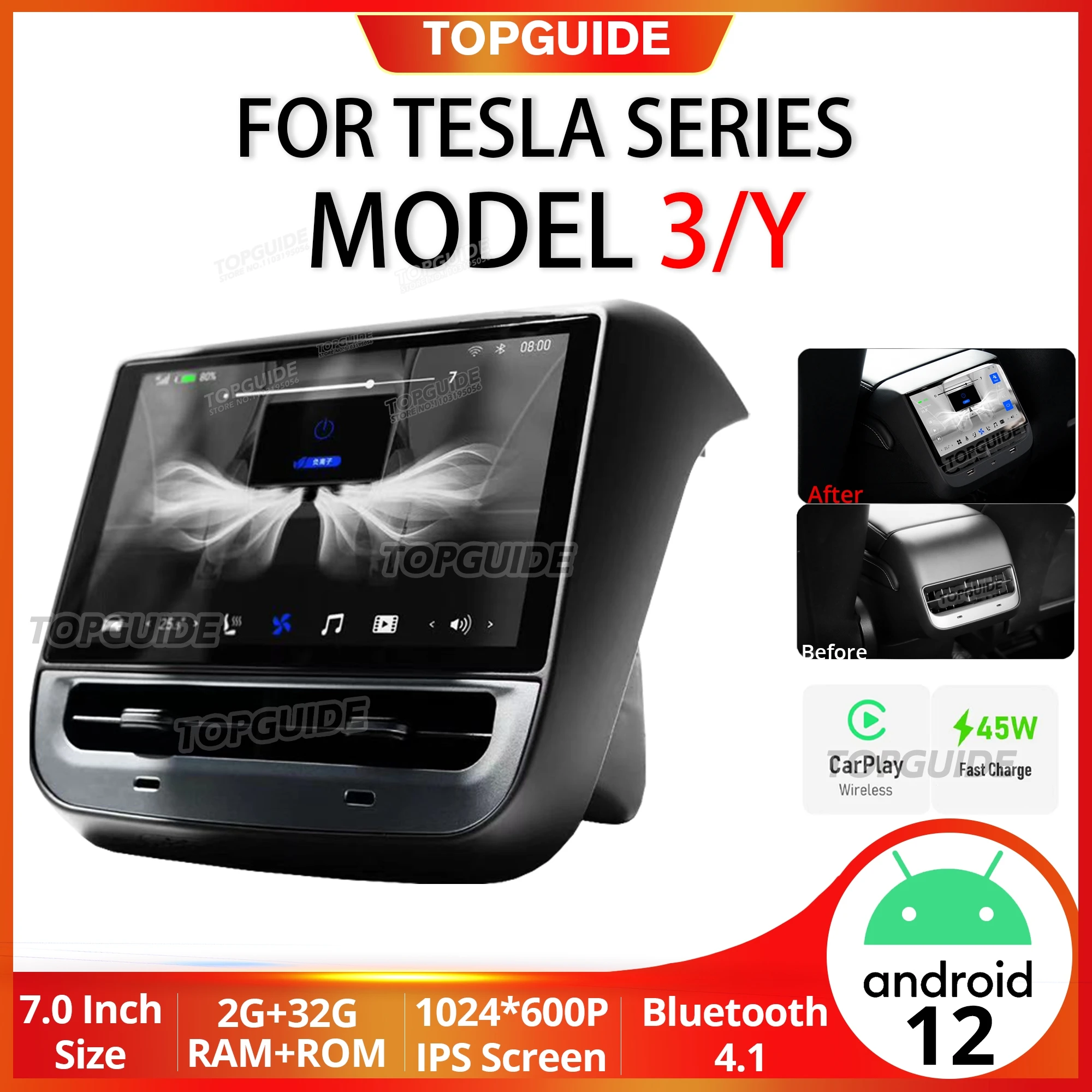 

TIEBRO 7-дюймовый 2 + 32G Android12 для Teslal Model 3/Y Carplay задний дисплей панель управления кондиционером 1024*600 Wi-Fi экран