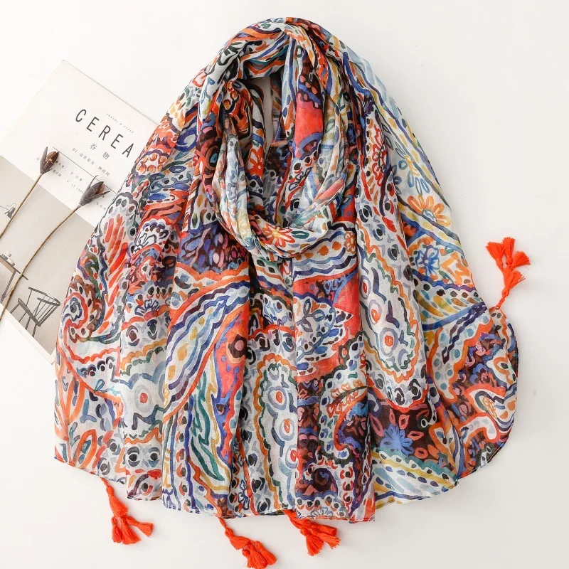 Bohemian Fashion Scarf Colorful Paisley Cashew Flower Pattern Tassel Travel Accessories Silk Scarf Shawl Women