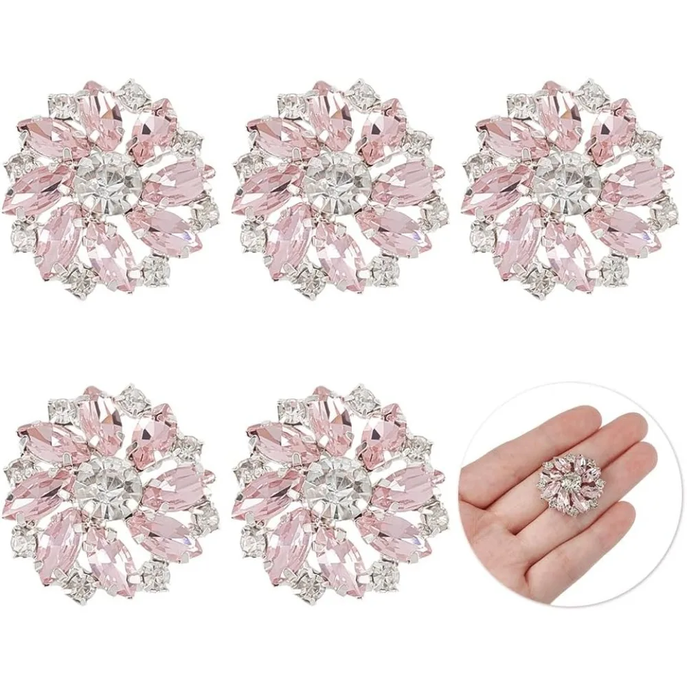 

6 PCS Shiny Flower Rhinestone Buttons - 1 inch Brass Shank Buttons with Pink Embellishments for Wedding Party Clothes