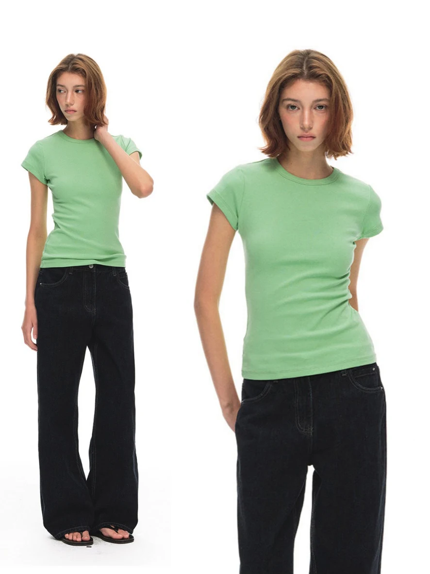 

American Style Casual Shoulder T-Shirt Women Summer Slimming Green Basic Short Sleeve Commuting Base Layer Top Shirt