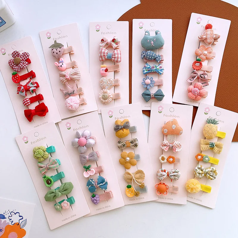 5pcs/set Baby Girls Cute Princess Hairpins Headband Bow Flower Korean Hair Pins Clips for Children Mini Soft Kids Accessories