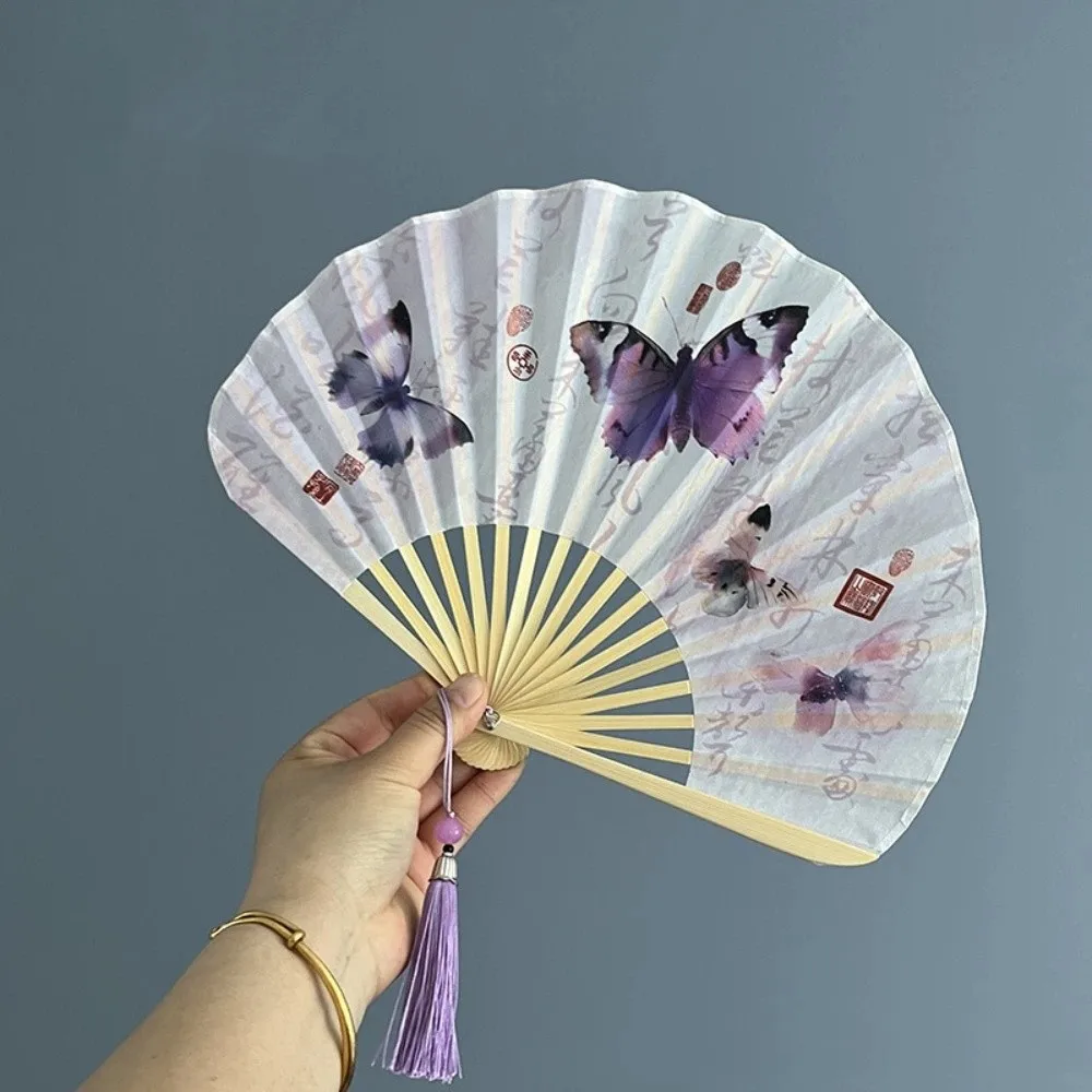 Creative Vintage Folding Fan New Chinese Style Portable Shell Shape Fan Decorative with Tassel Handheld Fan Wedding
