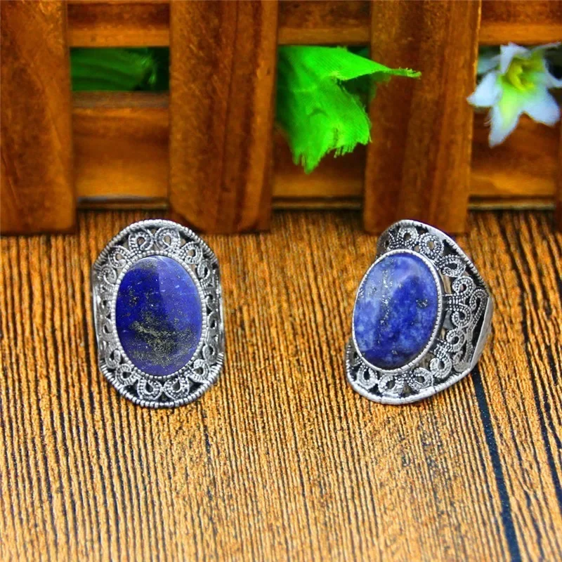 Oval Lapis Lazuli Rings For Women Natural Stone Flower Rings Vintage Antique Silver Plated Fashion Jewelry TR622