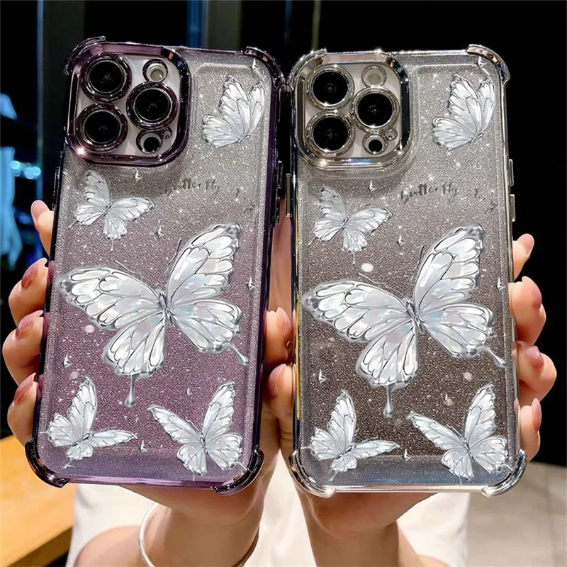 Butterfly Flash Powder Card Phone Case For IPhone 17 Pro Max 16 15 Pro Max Plus 12 13 Mini Plating TPU Airbag Korean Cover