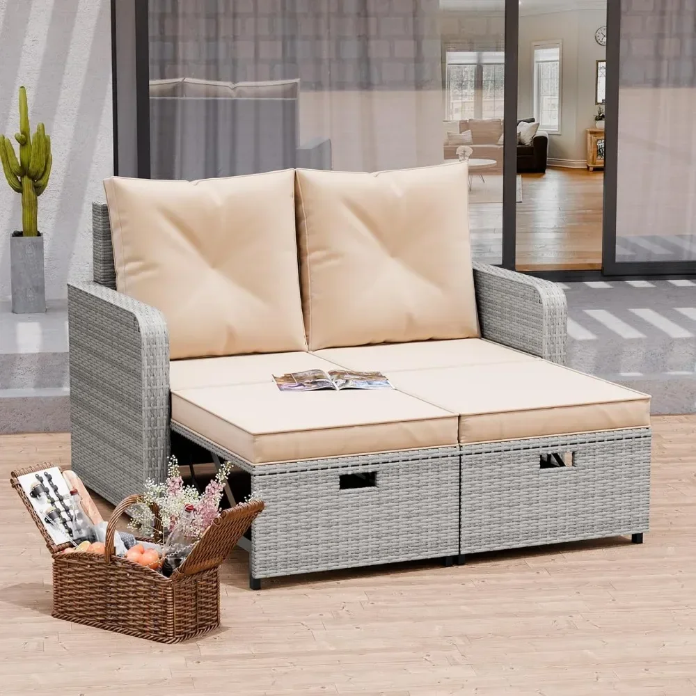 

Y Outdoor Patio Loveseat Sofa: 2 Seats PE Rattan Convertible Patio Furniture Sets Wicker Waterproof Cushion Outdoor Sofa Bed