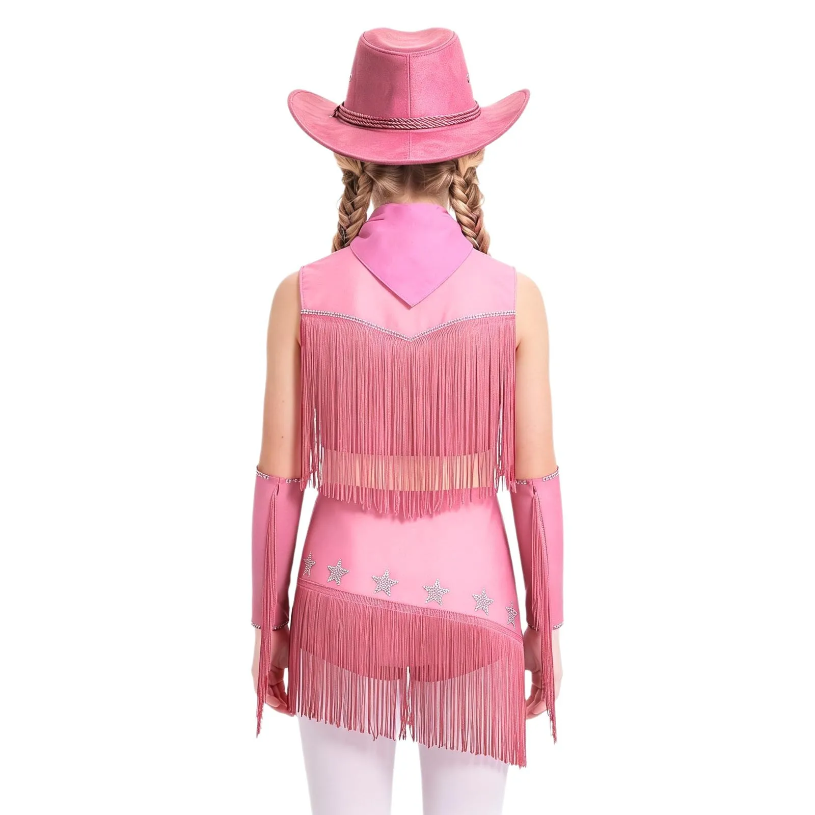 Kids Girls Halloween Western Cowboy Cowgirl Costume Latin Jazz Dance Outfit Tassel Crop Vest Tops with Skirt Gloves Hat Kerchief view 2