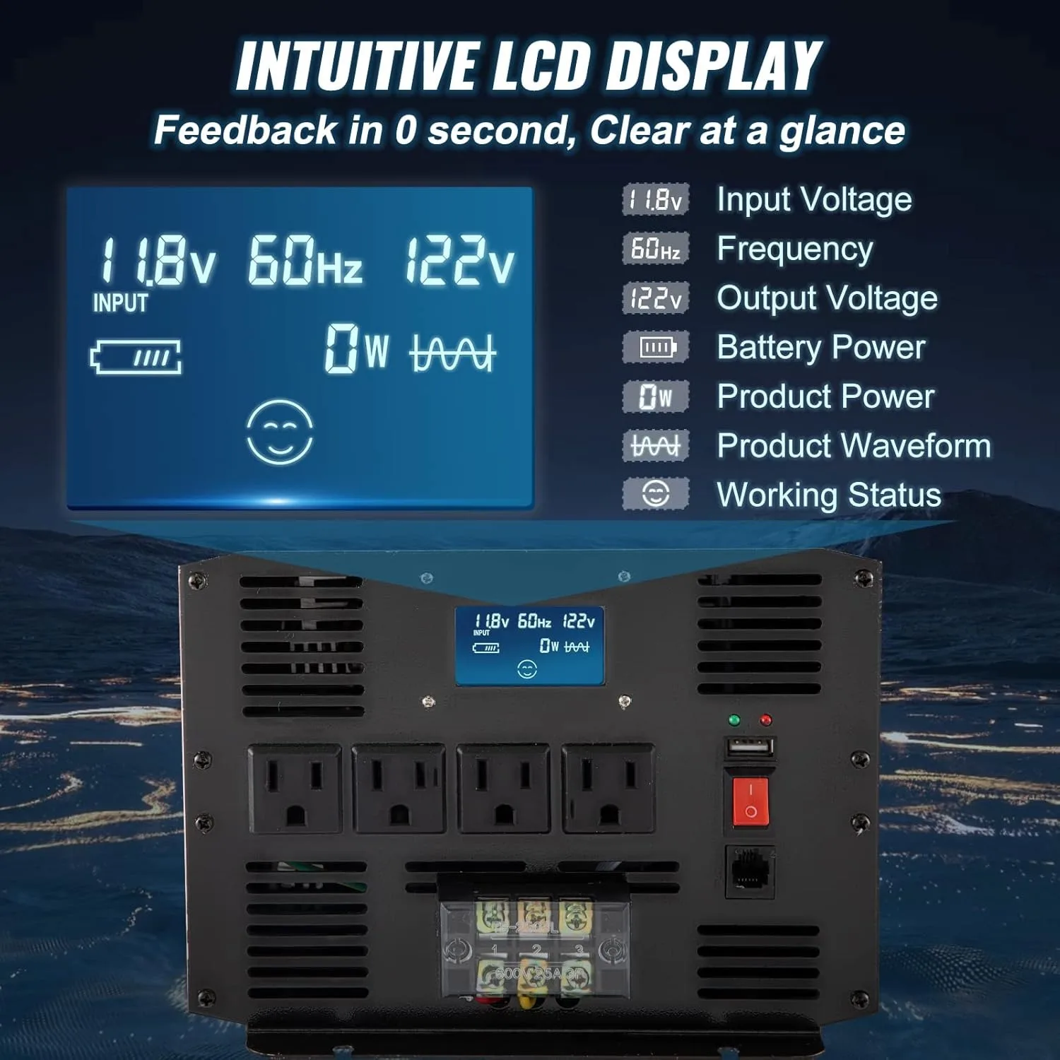 Convertitore a onda sinusoidale pura Convertitore di potenza da 3500 Watt, Convertitore per auto da CC 12 V a CA 120 V, con porta USB Display LCD Telecomando