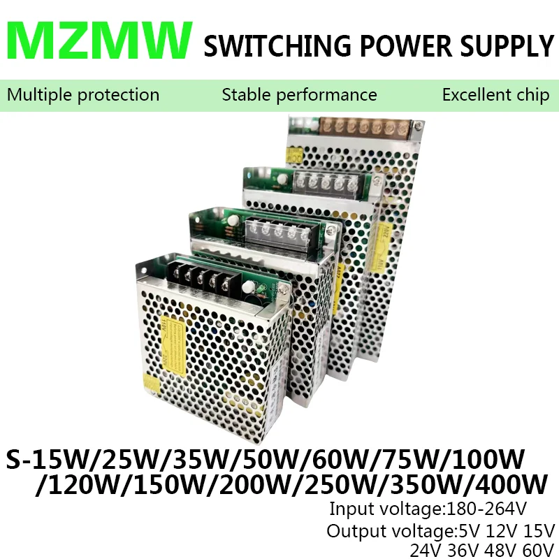 S Series Switching Power Supply 25W 50W 75W 100W 120W 150W 200W 400W 12V 24V 36V 48V 60V 100-240V AC-DC SMPS for LED Strip CCTV