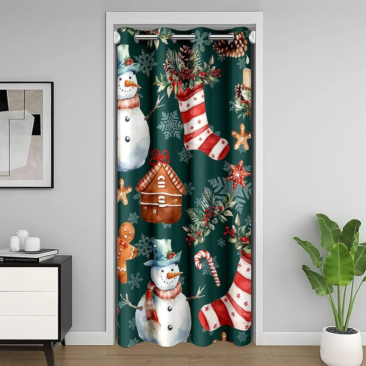 Christmas Tree  Botanical Door Curtains Winter Snowman Closet Door Cover Curtain for Living Room Gift Doorway Privacy Home Decor