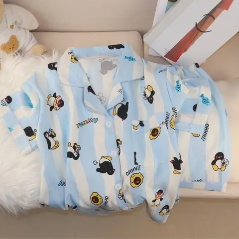 Kawaii Striped Penguin Print Pajama Set Women Summer Short Sleeve Lapel Sleepwear Shorts Soft Sweet Casual Loungewear Two Piece