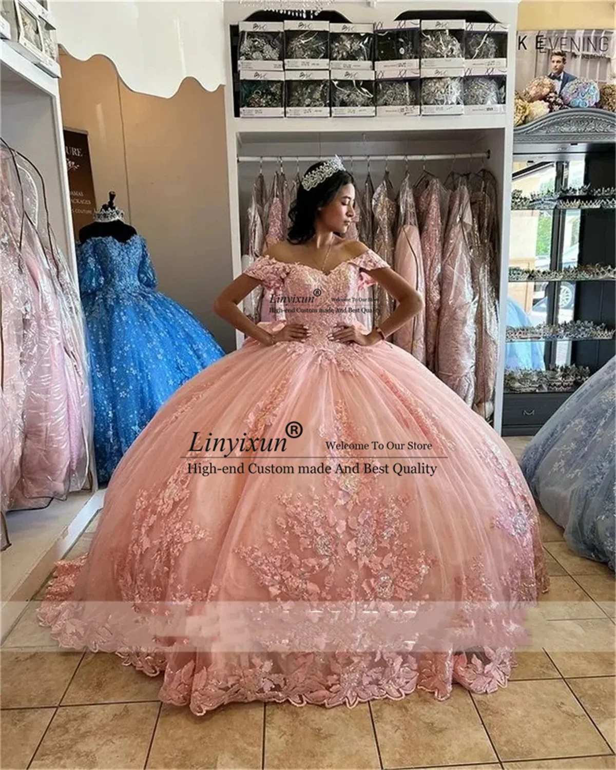 

Elegant 3D Flowers Quinceanera Dress With Appliques Lace Birthday Sweet 16 Dress Off Shoulder Customized Vestidos De 15 Años