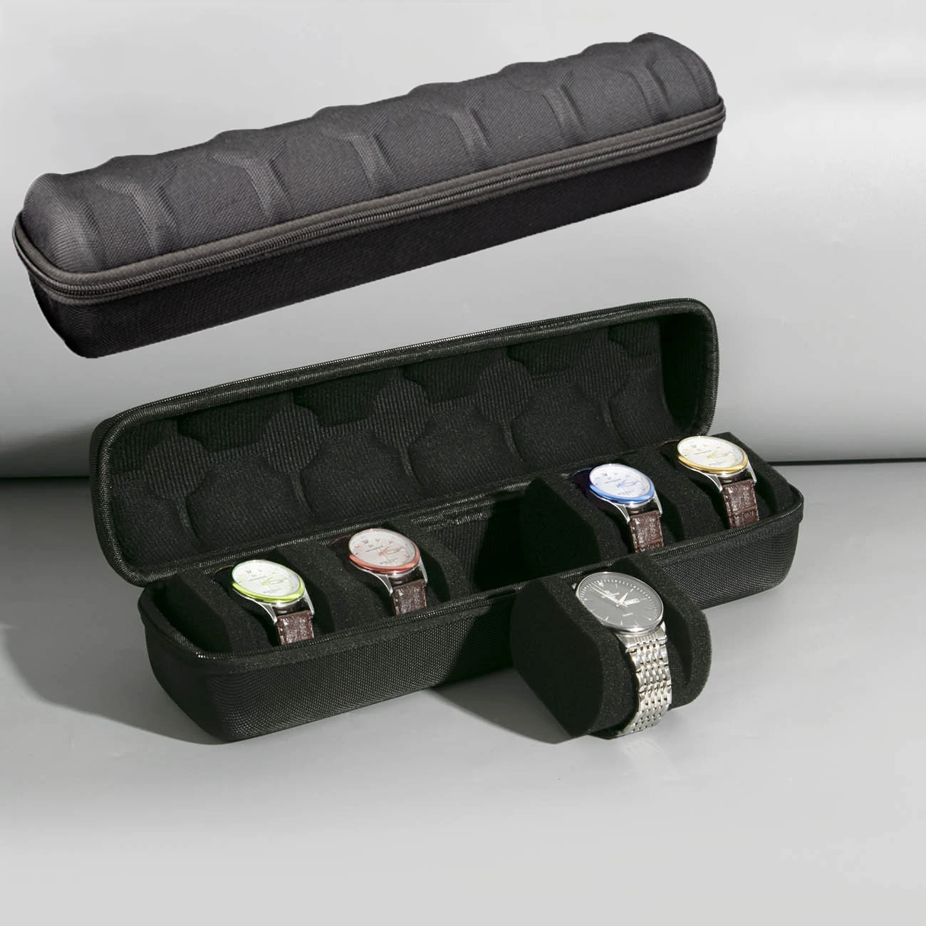 Estojo para Relógios com 5/6 Compartimentos |   Organizador de Viagem com Capa Dura e Almofada Interna - Pronto para Presente (Preto), adequado para Armazenamento de Smartwatch