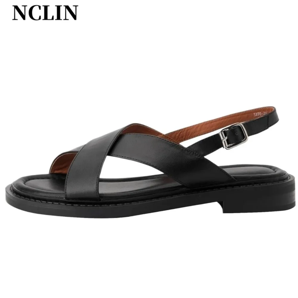 

NCLIN Women Sandals Retro Gladiator Casual Pumps Genuine Leather Low Heels Office Ladies Shoes Woman Summer Fashion Concise