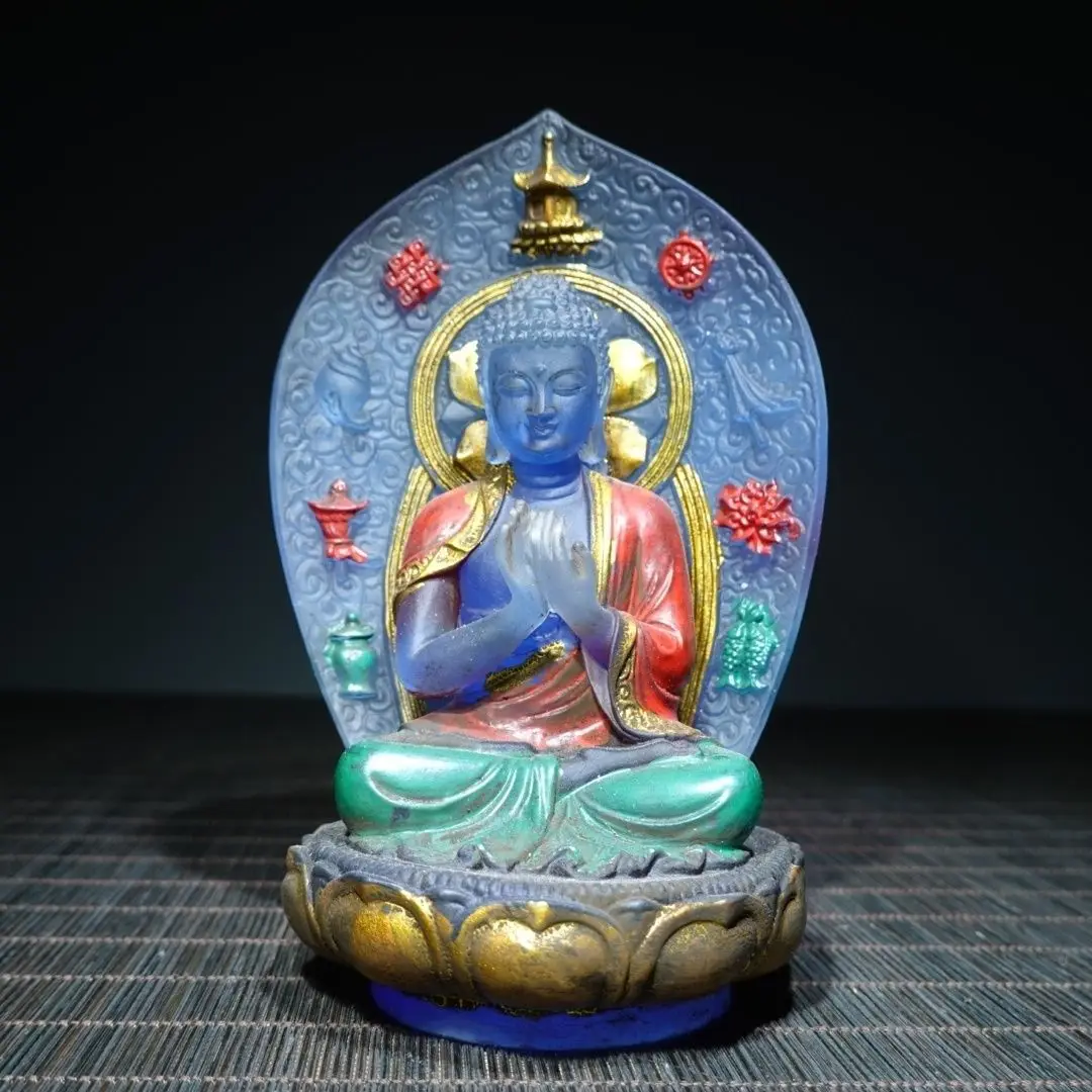 Old Tibetan glazed painted Eight Treasures Buddha statue, length 8.5cm, width 7.5cm, height 13cm, weight 543g