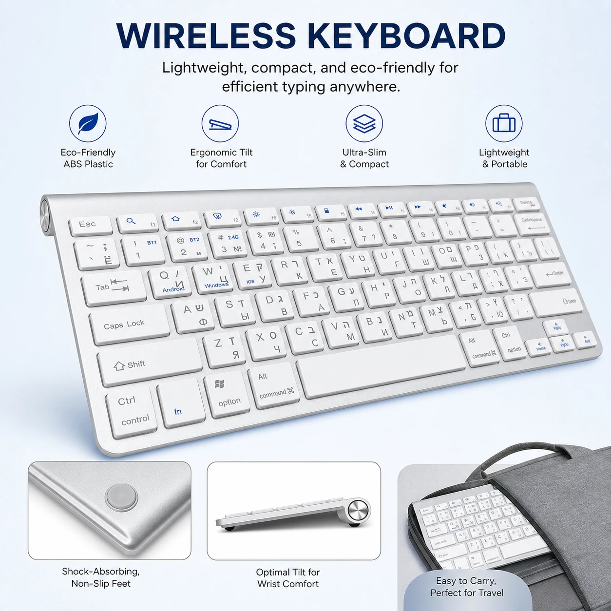 English Russian Hebrew Characters Dual Mode (2.4G + Bluetooth) Wireless Keyboard Ultra Slim Compact Keyboard for Desktop Laptop