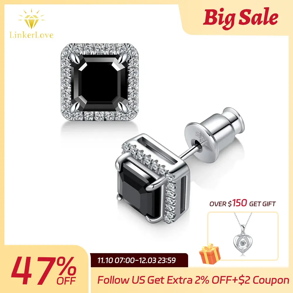 

All Moissanite Stud Earrings for Women Men Black Square D Color Diamond S925 Sterling Silver 18K White Gold Plated Jewelry Gift