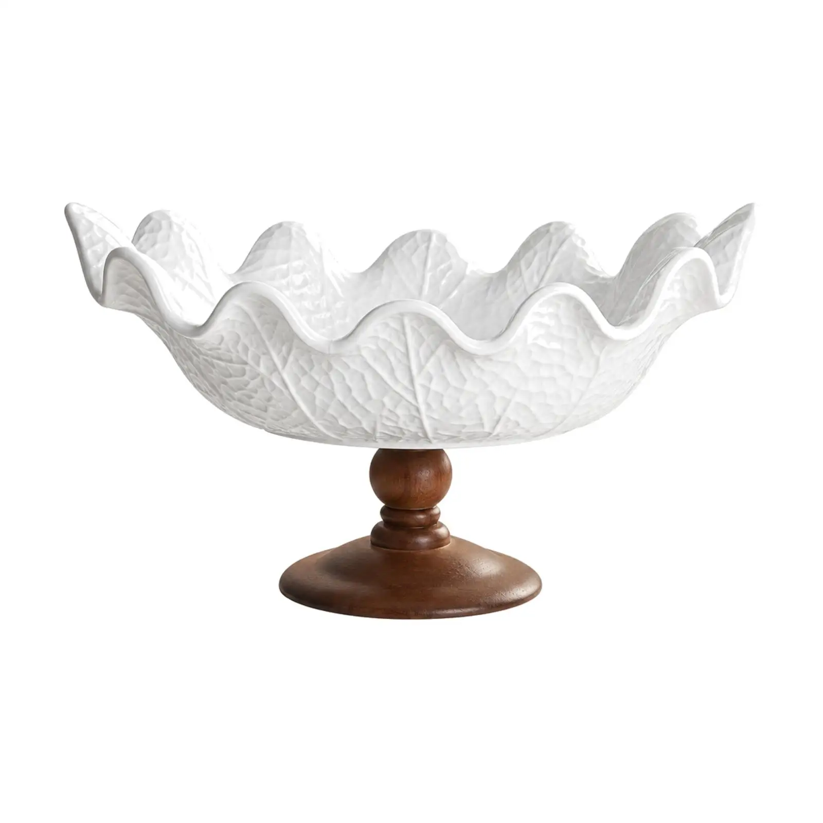 Elevated Ceramic Serving Bowl with Molded Leaf Detail for Dessert Display and Dining Table Center