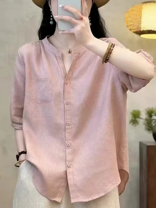 

Retro Artistic Style Loose Fit Short Sleeve V-Neck Pure Color Shirt Women Summer New Fashion Slimming Top Breathable Comfortable