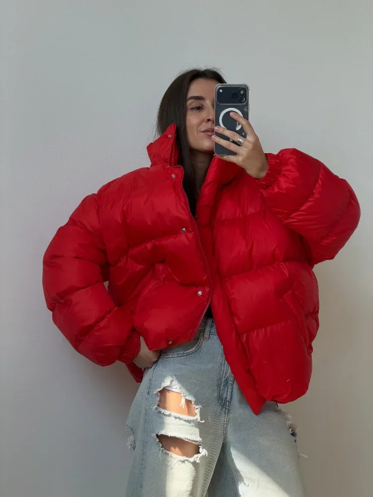 Women Oversized Zip Up Puffer Jacket Button Down Loose Short Elastic Cuff Drawstring Hem Padded Coat Lady Winter Warm Outerwear