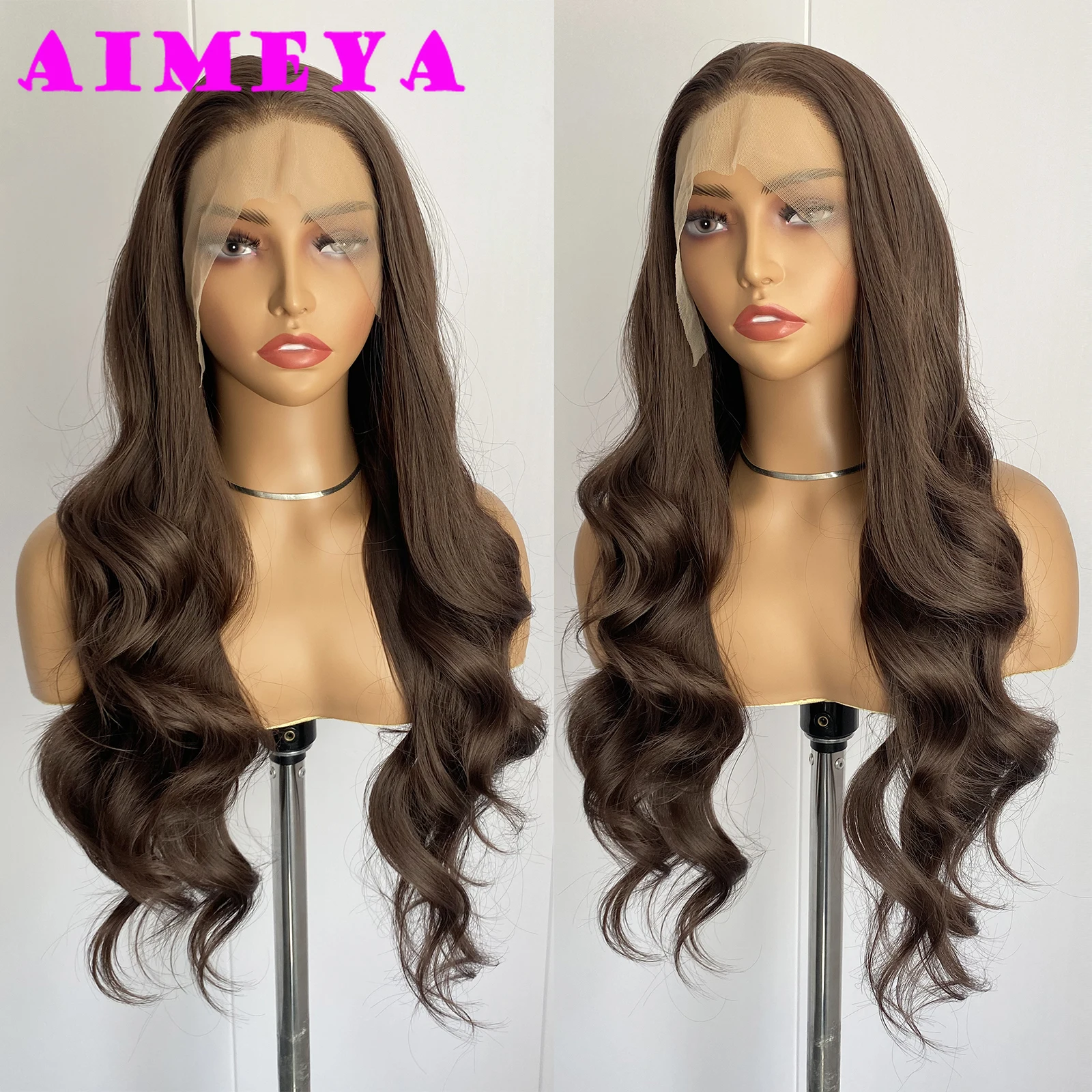 

AIMEYA Коричневый парик фронта шнурка 13x4 Натуральная линия волос Длинный синтетический парик с естественной волной для женщин Ежедневный парик для косплея Бесклеевой фронтальный