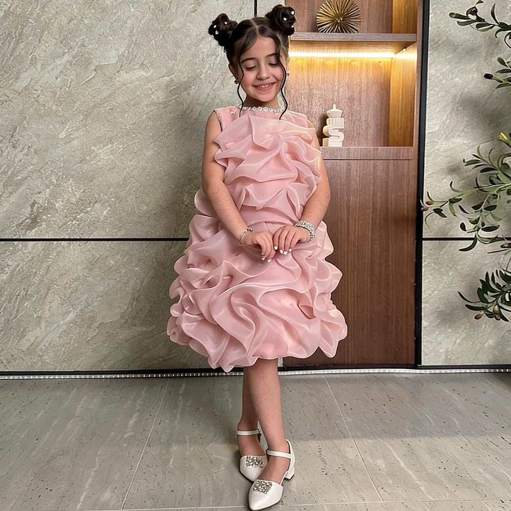 

Pink Cute Flower Girl dresses O-neck Dress For Girls Elegant Birthday Dress Sleeveless Girl Princess Dress Beads Kids' Dresses