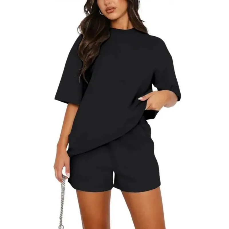 夏カジュアルルーズセットファッション固体 O ネック半袖トップス + ショーツ 2 点セット女性のためのスポーツ服新しい衣装