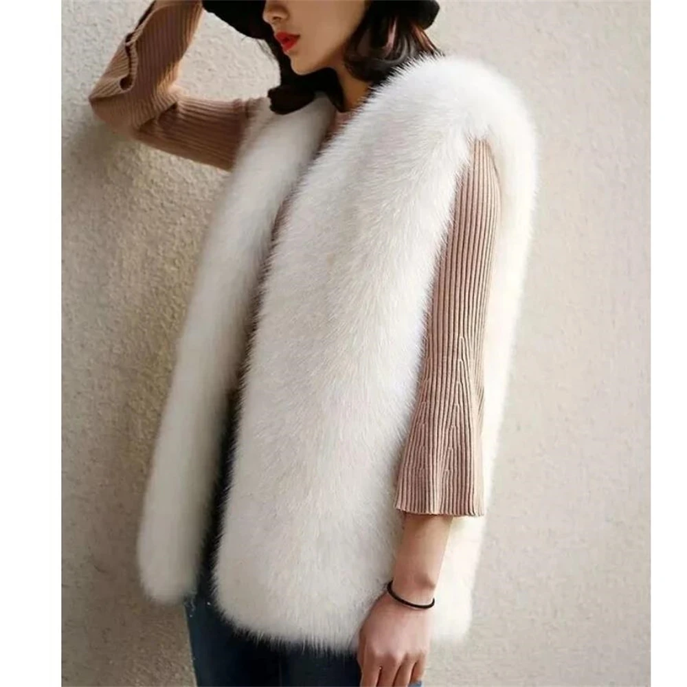 Female Fox Fur Vests Waistcoat Sleeveless Jacket Warm Vest Outerwear Gilet Winter New 2024