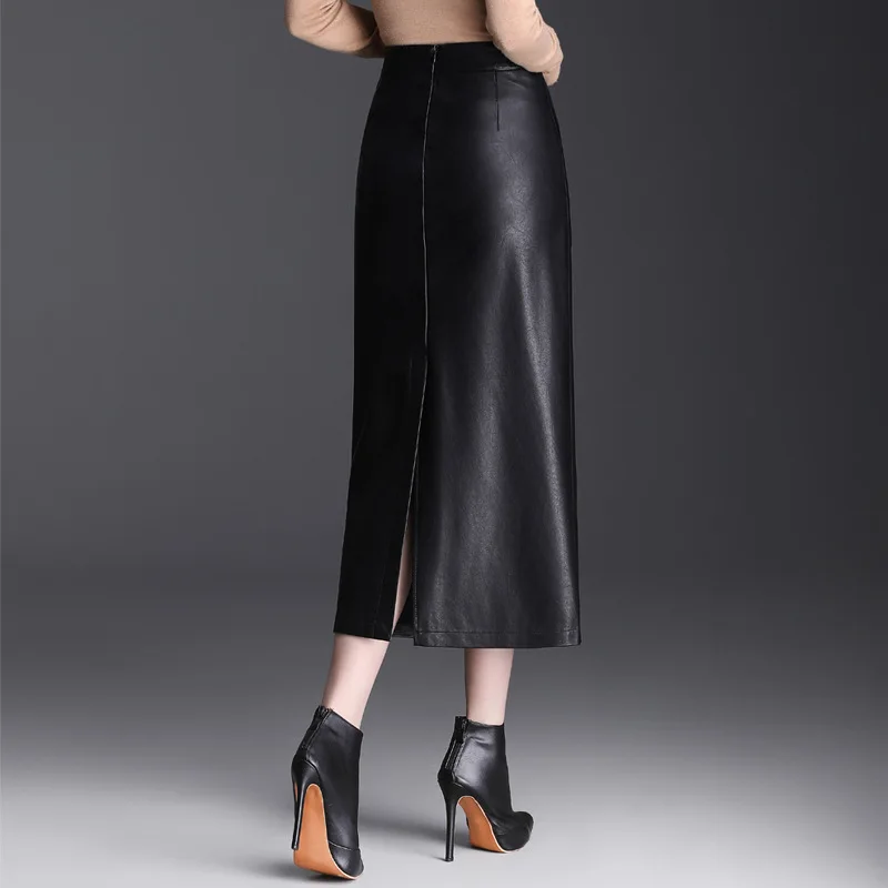 Zipper High Waist Slim PU Leather Bodycon Pencil Skirt Women Fall Winter Elegant Chic Long Coffee Black Skirts Office Lady 99650 image 3